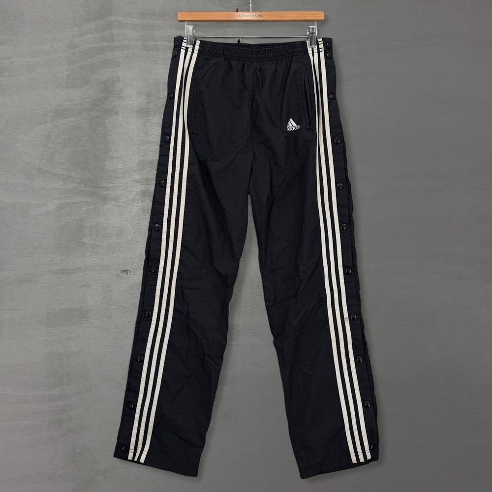 Y2K Adidas Track Pants Black White Side Snap Button Tearaway Vintage Small